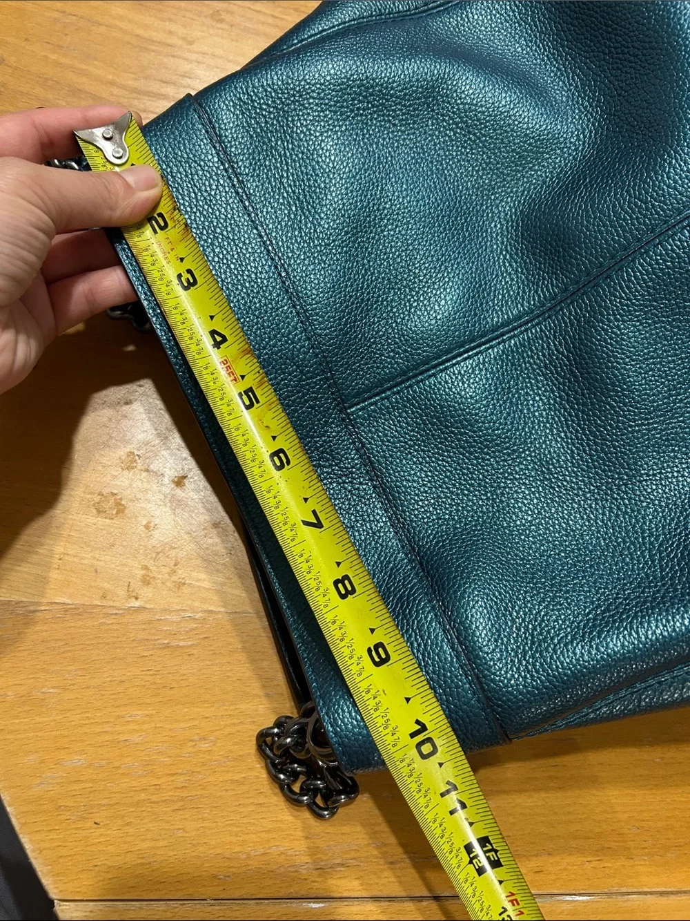 Coach Lexy Metallic Peacock Blue Teal Pebbled Leather Chain Shoulder Bag Purse